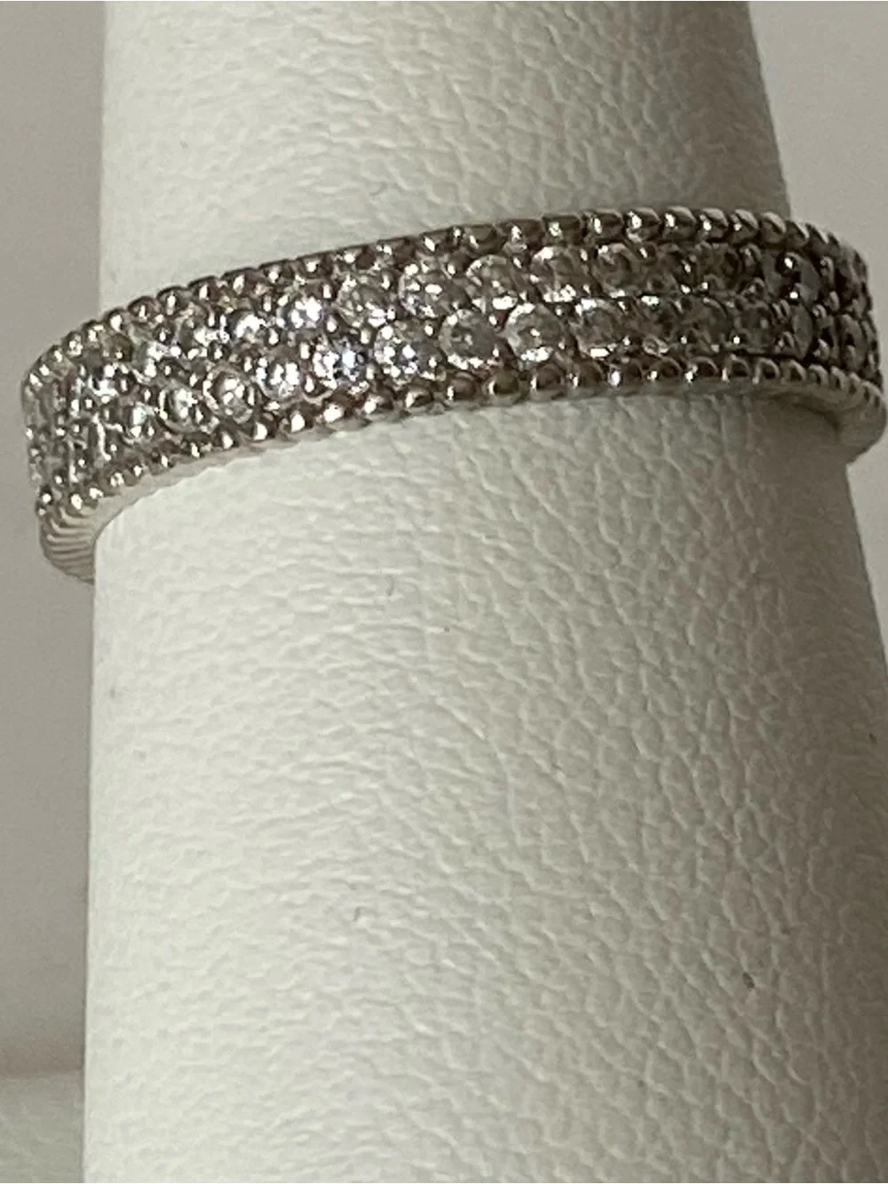 925 Sterling Silver Pave CZ Eternity Band Ring Size 7.5 2 Rows 4 mm EUC worn 1X